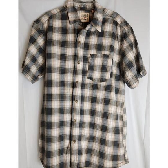 Red Head Men’s L Plaid Short Sleeve Button Up Shirt Blue Gray Outdoor EUC - Picture 1 of 9